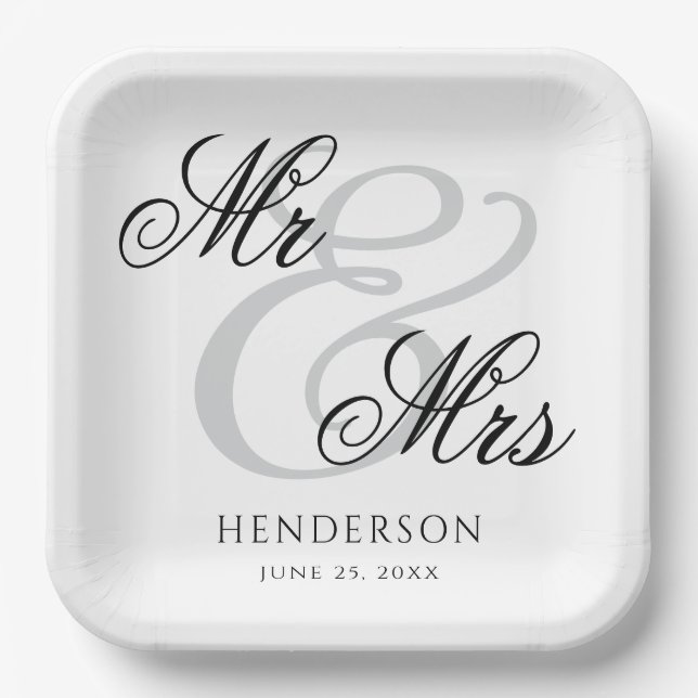 Elegant Minimal Mr and Mrs. Wedding Paper Plates (Front)