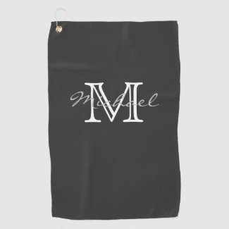 Elegant Minimal Name and Monogram Dark Grey Golf Towel