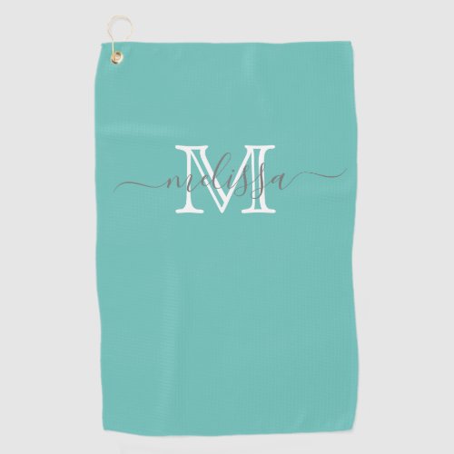 Elegant Minimal Name and Monogram Teal Golf Towel