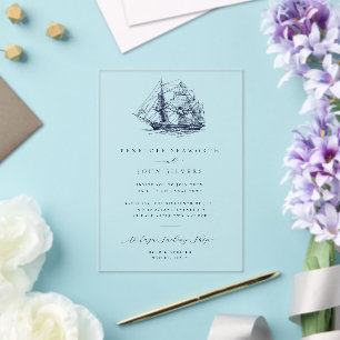 Elegant Minimal Nautical Ship Illustration Wedding Acrylic Invitations