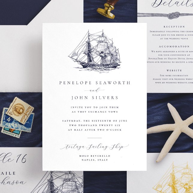 Elegant Minimal Nautical Ship Illustration Wedding Invitation (Elegant wedding invitation with illustration of a sailing ship)