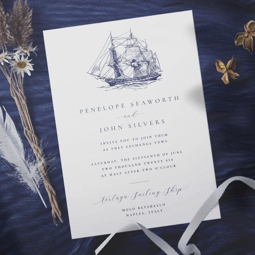 Elegant Minimal Nautical Ship Illustration Wedding Invitation