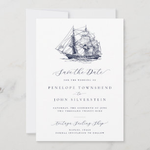 Elegant Minimal Nautical Ship Illustration Wedding Save The Date