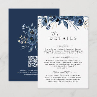 Elegant Minimal Navy Blue Floral Wedding QR Code Enclosure Card