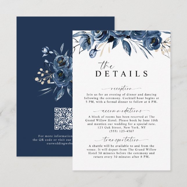 Elegant Minimal Navy Blue Floral Wedding QR Code Enclosure Card (Front/Back)