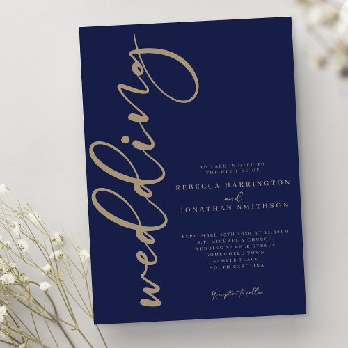 Elegant Minimal Navy Gold Wedding Invitation