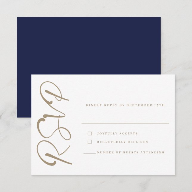 Elegant Minimal Navy Gold Wedding RSVP Card (Front/Back)