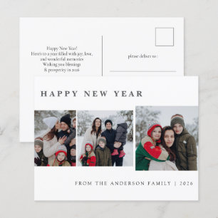 Elegant Minimal New Year Cheers Family 3 Photo Holiday Postcard