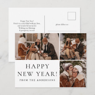 Elegant Minimal New Year Cheers Family 3 Photo Holiday Postcard