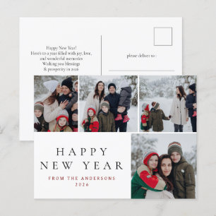 Elegant Minimal New Year Cheers Family 4 Photo Holiday Postcard