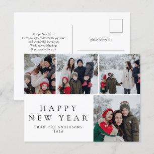 Elegant Minimal New Year Cheers Family 4 Photo Holiday Postcard