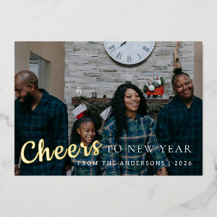 Elegant Minimal New Year Cheers Family Photo Foil Holiday Card