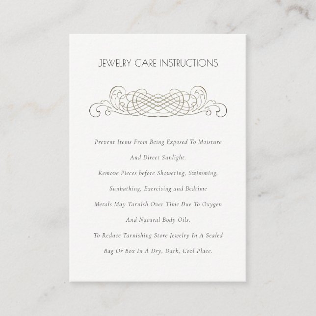 Elegant Minimal Ornate Silver Divider Jewelry Care Business Card (Front)