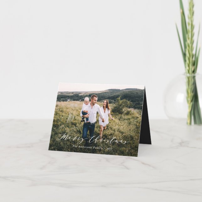 Elegant minimal photo Christmas script black white Holiday Card (Front)