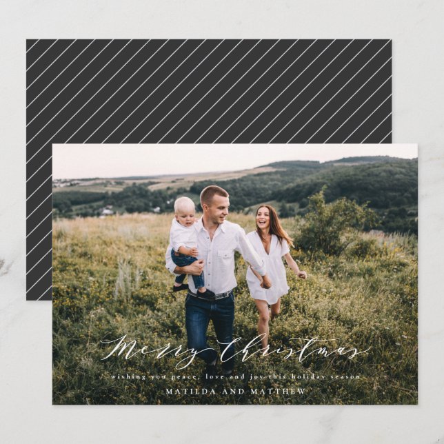 Elegant minimal photo Christmas script black white Holiday Card (Front/Back)