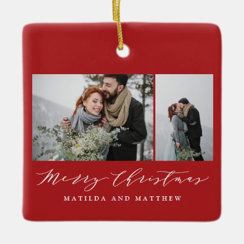 Elegant minimal photo collage christmas script  ceramic ornament