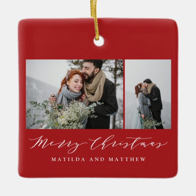 Elegant minimal photo collage christmas script  ceramic ornament (Front)