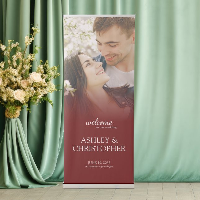 Elegant Minimal Photo Welcome Crimson Red Wedding Retractable Banner (Creator Uploaded)