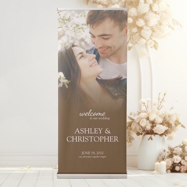 Elegant Minimal Photo Welcome Walnut Brown Wedding Retractable Banner (Creator Uploaded)