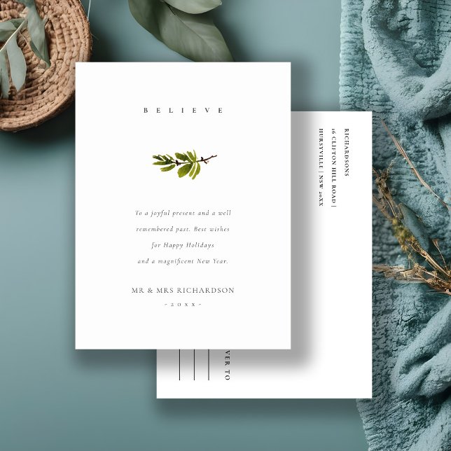 Elegant Minimal Pine Branch Christmas Believe Holiday Postcard (Creator Uploaded)