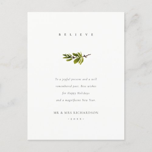 Elegant Minimal Pine Branch Christmas Believe Holiday Postcard