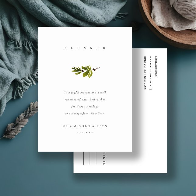 Elegant Minimal Pine Branch Christmas Blessed Holiday Postcard (Creator Uploaded)