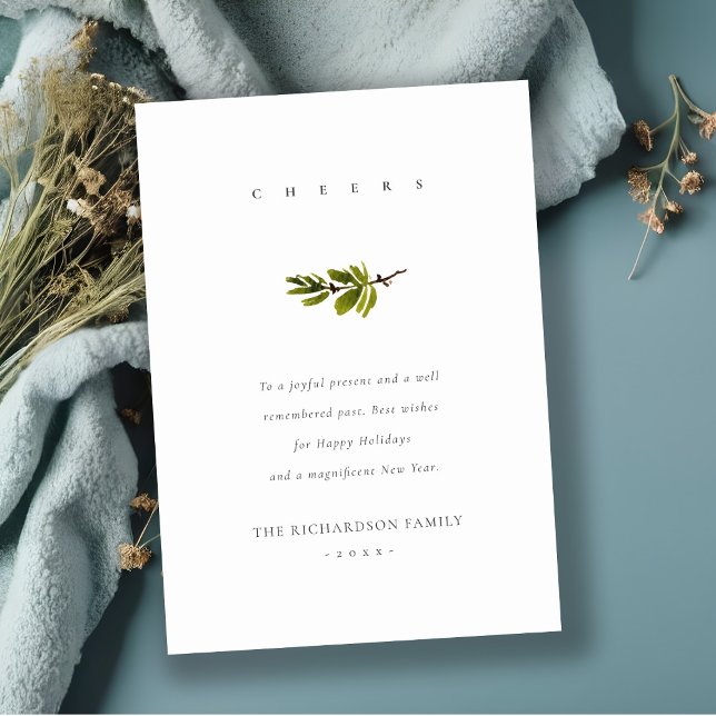 Elegant Minimal Pine Branch Christmas Cheers Holiday Card (Creator Uploaded)