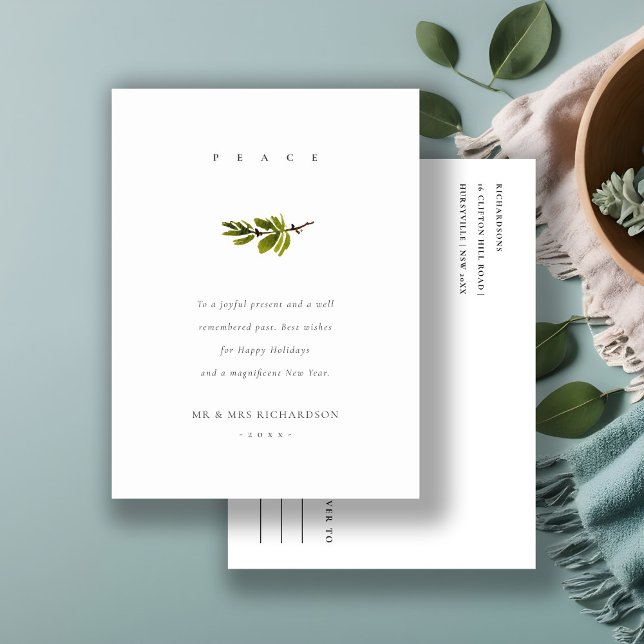 Elegant Minimal Pine Branch Christmas Peace Holiday Postcard (Creator Uploaded)