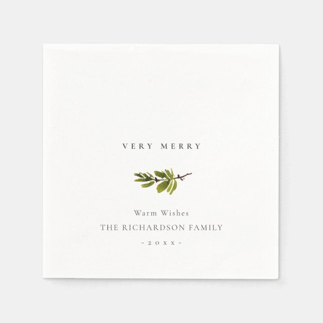 Elegant Minimal Pine Branch Christmas Very Merry Napkins (Front)