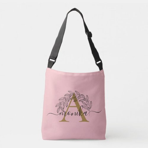 Elegant Minimal Pink Gold Black Monogram Floral Crossbody Bag