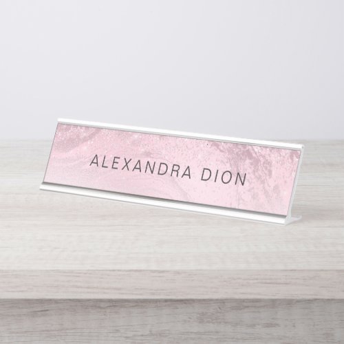 Elegant minimal pink rose gold glitter marble desk name plate