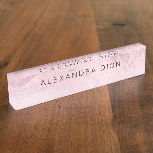 Elegant minimal pink rose gold glitter marble desk name plate (Side)