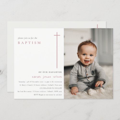 Elegant Minimal Pink Typography Photo Baptism Invitation