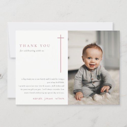 Elegant Minimal Pink Typography Photo Baptism Thank You Card