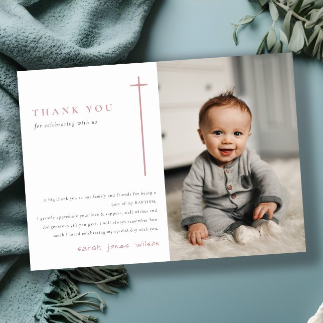 Elegant Minimal Pink Typography Photo Baptism Thank You Card (Creator Uploaded)