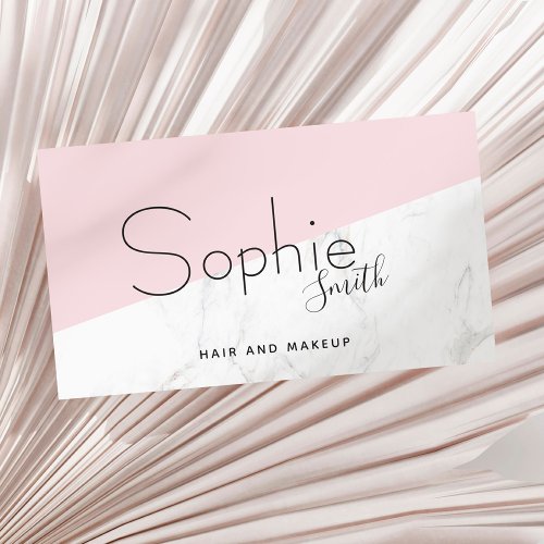 Elegant minimal pink white marble hair and makeup business card
