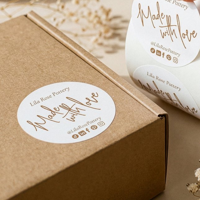 Elegant Minimal Pottery Packaging Made With Love Classic Round Sticker (Elegant Minimal Pottery Photo Collage Packaging Classic Round Sticker)