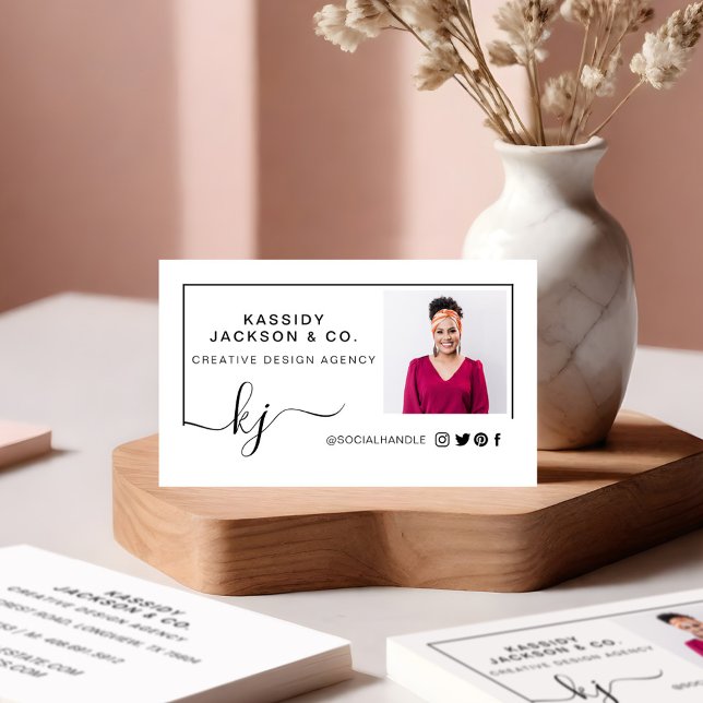 Elegant Minimal Professional Photo Script Monogram Business Card (Minimal Stylish Script Monogram Frame Photo White Business Card Front)