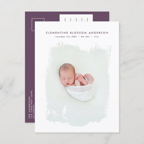 Elegant minimal purple birth announcement photo