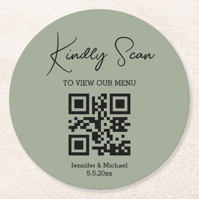 elegant minimal qr code wedding menu  green round paper coaster (Front)