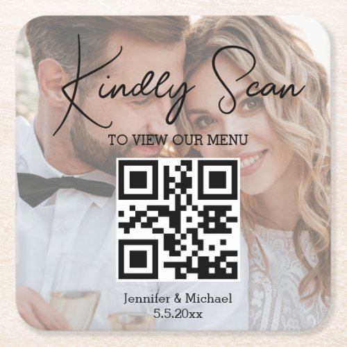 elegant minimal qr code wedding menu photo square paper coaster