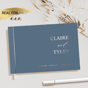 Elegant, Minimal Real Foil and Blue Wedding Foil Guest Book