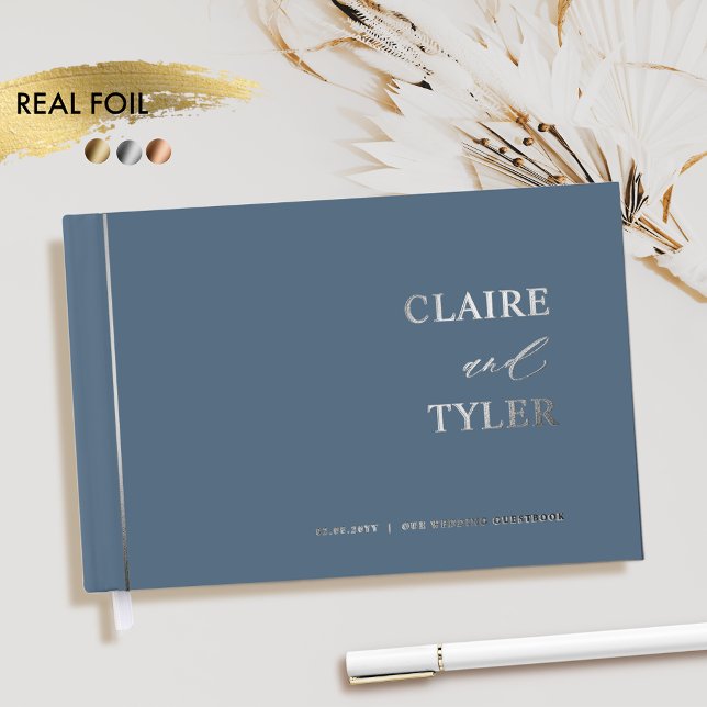 Elegant, Minimal Real Foil and Blue Wedding Foil Guest Book (Creator Uploaded)