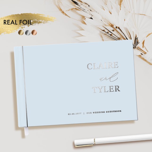 Elegant, Minimal Real Foil and Dusty Blue Wedding Foil Guest Book (Creator Uploaded)