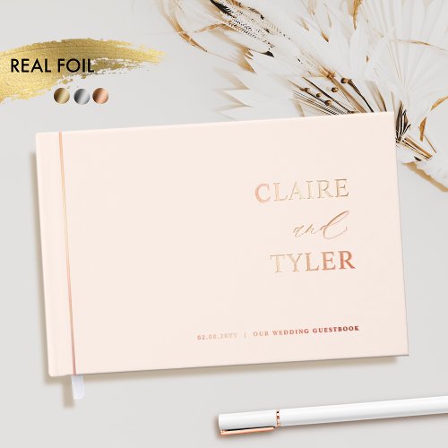 Elegant Minimal Real Foil and Peach Wedding Foil Guest Book