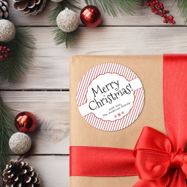 Elegant Minimal Red Candy Cane Stripes Typography Classic Round Sticker (Elegant Minimal Red Candy Cane Stripes Typography Classic Round Sticker)