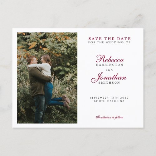 Elegant Minimal Red Photo Wedding Save The Date Invitation Postcard