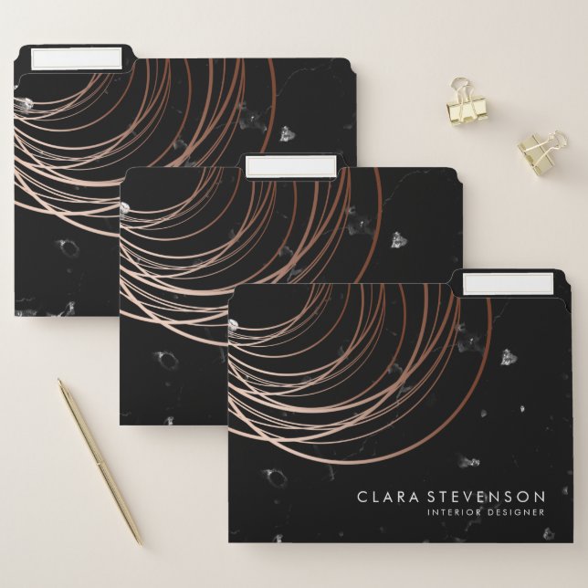 Elegant minimal rose gold & black marble geometric file folder (Set)