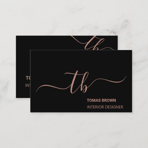 Elegant minimal rose gold black monogram initials business card