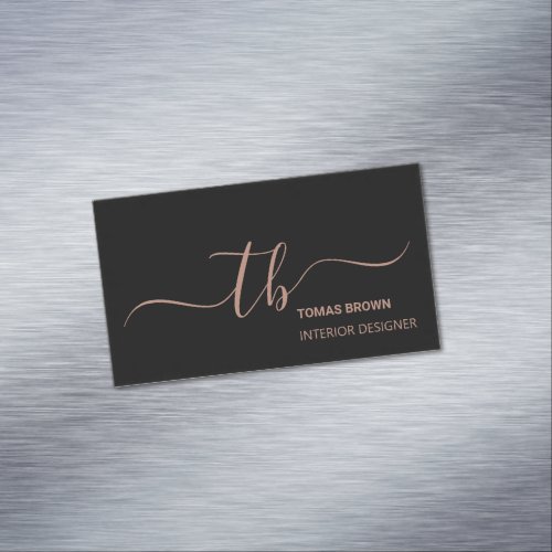 Elegant minimal rose gold black monogram initials business card magnet